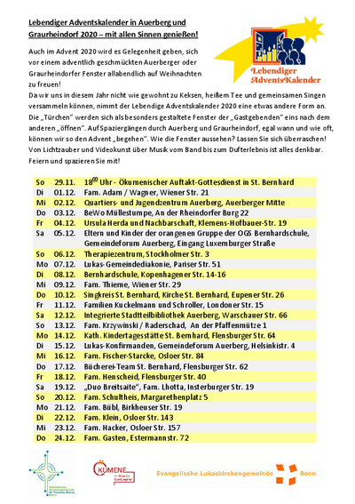 Handzettel zum lebendigen Adventskalender in Auerberg und Graurheindorf 2020