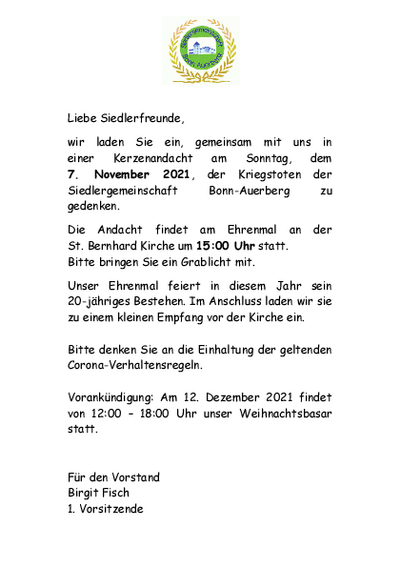 Einladung zur Kerzenandacht der Siedler